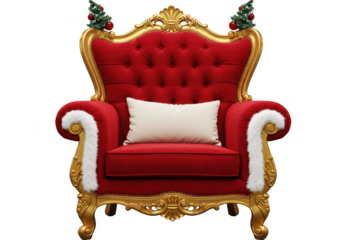 An ornate red and gold santas throne chair decorated with white fur trim and miniature christmas trees isolated on transparent background