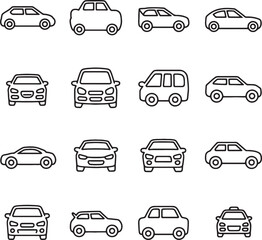 Obraz premium Hand-drawn Car Icon Vector Set – Sedan, SUV, and Vehicle Outline Symbols