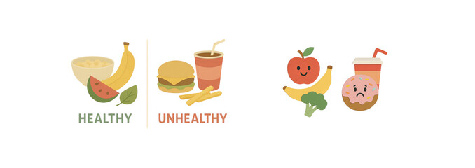 Educational illustration comparing healthy and unhealthy foods – includes fruit, vegetables, fast food, and sweets in a playful, paper cutout style with expressive faces; transparent background.