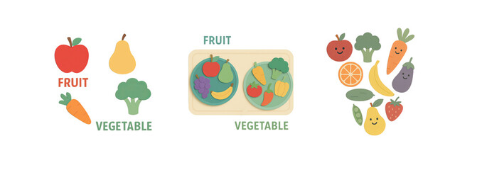 Playful educational illustration showing the difference between fruits and vegetables, transparent background..