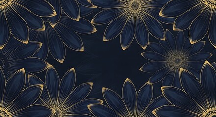Elegant abstract dark floral background with golden line art daisy flower border pattern.