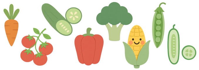 Cute set of colorful vegetables in paper cutout style – includes carrot, tomato, cucumber, bell pepper, broccoli, corn, and peas. Transparent background.
