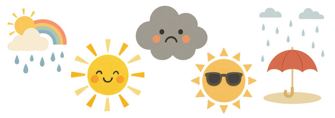 Cute weather-themed paper cutout illustration set with sun, rain, rainbow, clouds, umbrella, and sad cloud – cheerful and expressive design with transparent background.