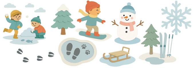 Set of winter-themed paper cutout illustrations with children playing in snow, snowman, sled, skis, snowboard, snowflake, trees, and footprints – joyful seasonal design on transparent background.