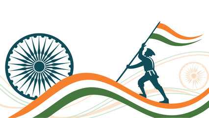 Fototapeta premium Silhouette figure holds waving flag with chakra for national celebration