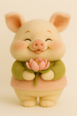 Fototapeta premium Pink piglet holding a lily pad, beige background.