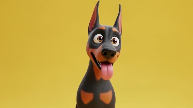 Doberman cartoon cute yellow backgrounded illustration suitable for pet related designs, childrens books, social media graphics, and animal themed products.