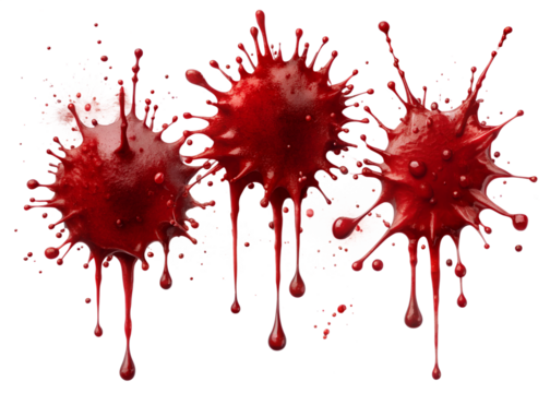 Three red blood splashes with dripping liquid isolated on transparent background