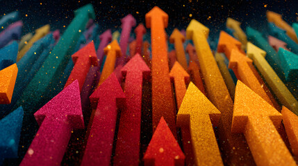 A colorful image of many arrows pointing upwards. The arrows are in different colors and sizes, and they are all pointing in different directions. Concept of growth and progress