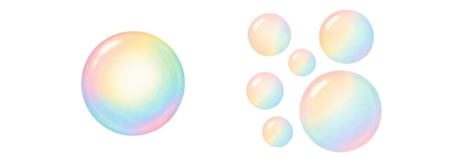 Set of iridescent pastel soap bubbles with soft reflections, isolated on transparent background.