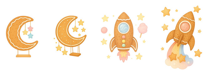 Cute gingerbread moon and rocket collection with stars and pastel decorations – transparent background.
