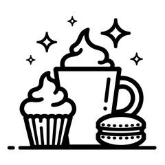 Hot drink with whipped cream and cupcake combo in stylized cartoon outline - cozy festive food set for dessert or winter themes