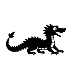 Playful cartoon dragon walking with tongue out in black silhouette style - fantasy monster mascot for kids - comic mythical creature
