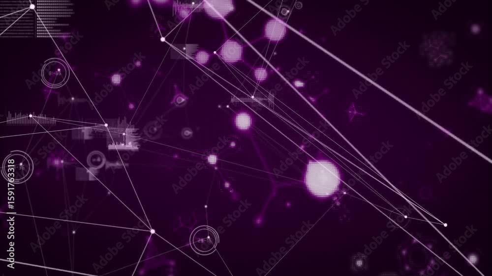Poster purple backdrop displaying nodes materializing linking with pulsing glows updating data overlays