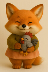 Fototapeta premium Red felt fox with rooster toy, white background.