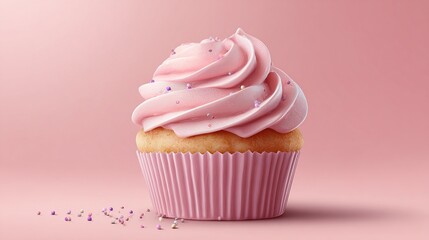 Pink cupcake with swirls of frosting and sprinkles on a pink background