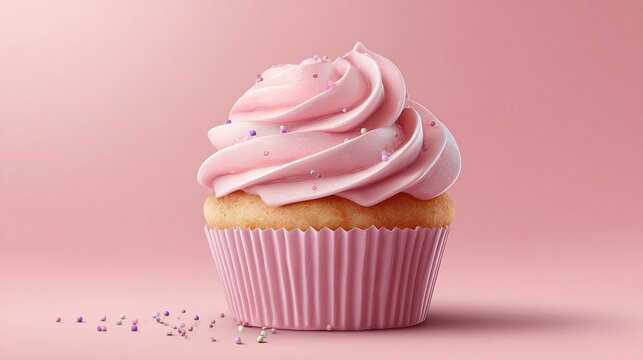 Pink cupcake with swirls of frosting and sprinkles on a pink background