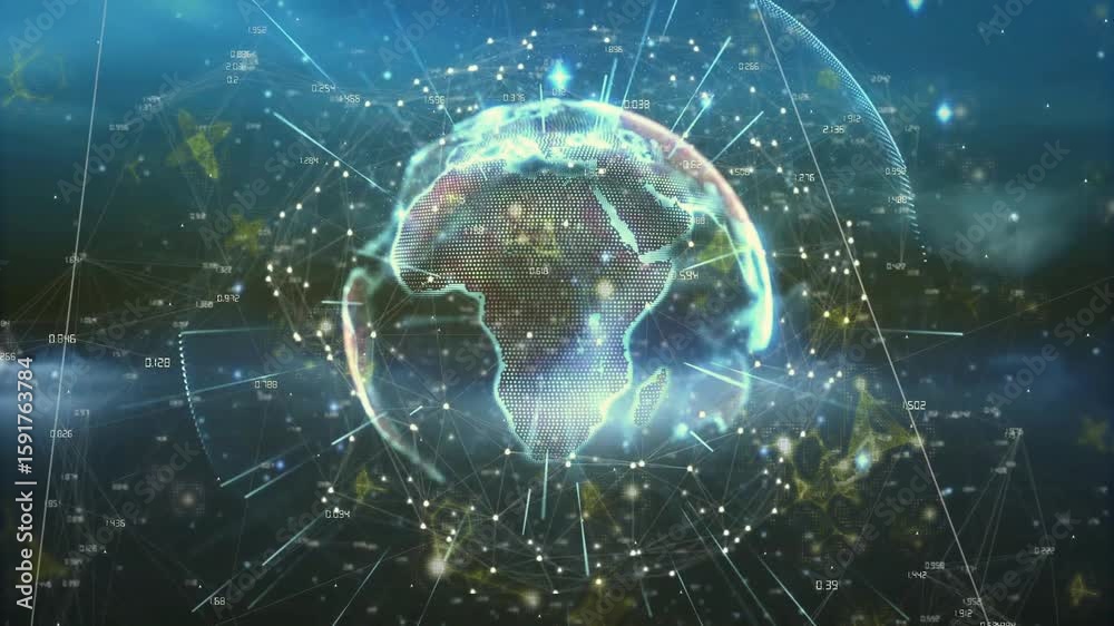 Poster glowing holographic earth emerging center rotating emitting network lines showing numeric metrics