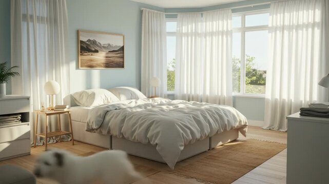 A light-filled bedroom with a large window, a bed with white linens, a wooden nightstand, and a tan rug