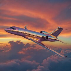 Private Jet Flying Above Clouds at Sunset with Iridescent Reflection