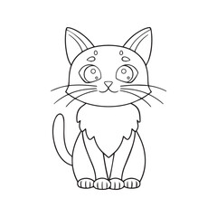 Cute cat coloring page for kids. Adorable cartoon pet animal sitting. Black and white line art illustration for children's activity book