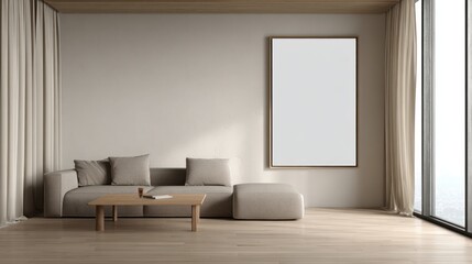 Modern minimalist living room interior with neutral tones.