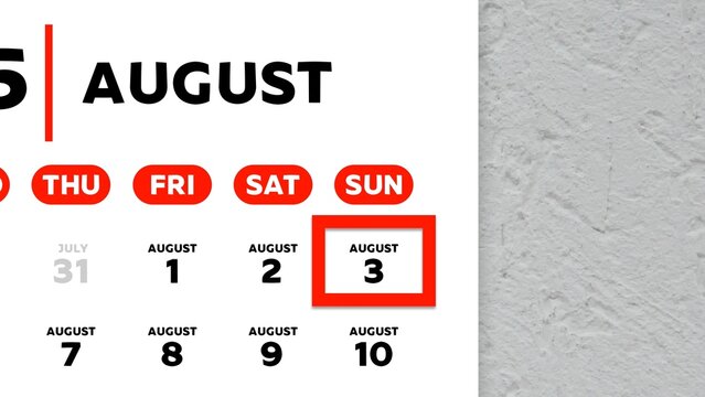 Close-up of the date August 3rd marked with a red cursor on the wall calendar 2025