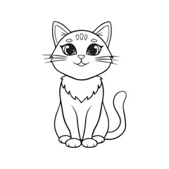 Cute cat coloring page for kids. Adorable cartoon pet animal sitting. Black and white line art illustration for children's activity book