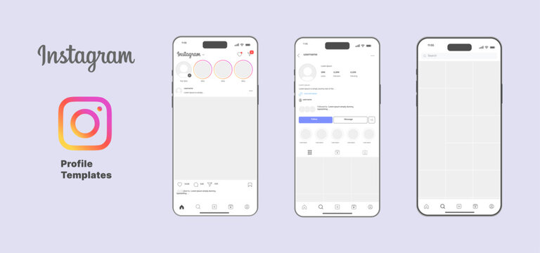 Instagram profile interface template. Design of mobile app UI, UX, GUI. Set of screens home page, profile, search. Template Application. UI Design.