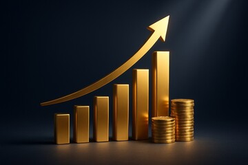 Luxurious Golden Financial Growth Chart with Upward Arrow and Stacked Coins, Symbolizing Wealth, Investment Success, and Economic Prosperity on a Dark Background.