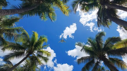 Fototapeta premium Low angle view of airplane flying over tropical palm trees and blue sky with clouds.