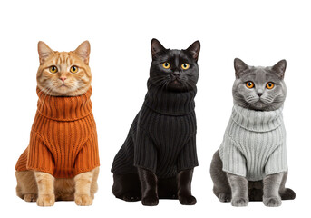 Three cats of different breeds and colors wearing cozy knitted sweaters isolated on transparent background