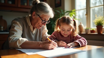 Grandmother helps the grandson (granddaughter) with homework in mathematics on paper