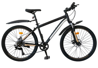 Black mountain bike with front suspension and reflectors isolated on transparent background