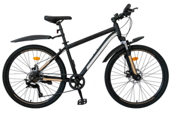 Black mountain bike with front suspension and reflectors isolated on transparent background