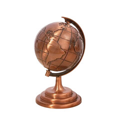Bronze metallic desk globe on stand with continents in relief isolated on transparent background