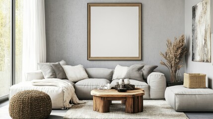 Cozy living room with light beige sectional sofa, wooden coffee table, and a neutral color palette.