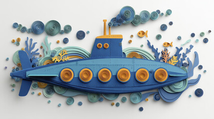 Paper cut illustration of blue submarine with orange portholes surrounded by underwater plants and fish, creating playful and creative ocean scene