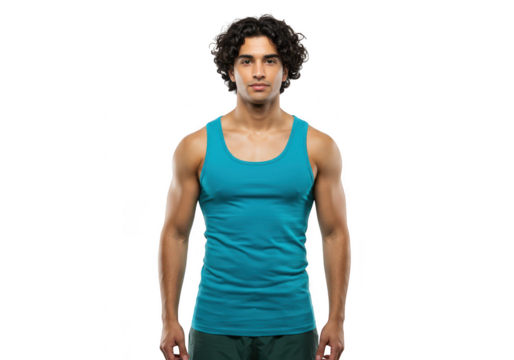 A fit man with a beard in a blue tank top and dark shorts stands confidently, isolated on a transparent background - Powered by Adobe
