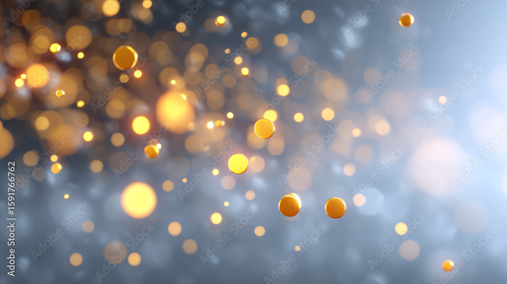 Poster a mesmerizing blend of shimmering golden particles floating in a soft focus, creating a magical and 