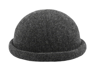 Gray wool cuffed beanie hat isolated on transparent background