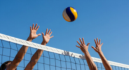 Multiple players' hands reaching to spike or block the ball above the net, perfectly capturing the intensity and teamwork of an outdoor game