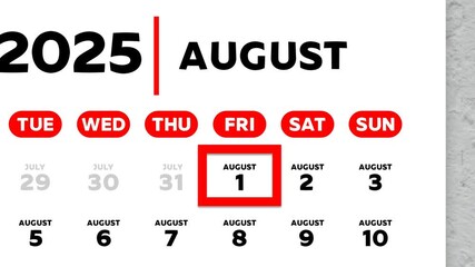 The date August 1st marked with a red cursor on the wall calendar 2025