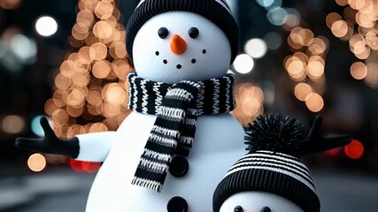 Festive snowman figurines in city lights