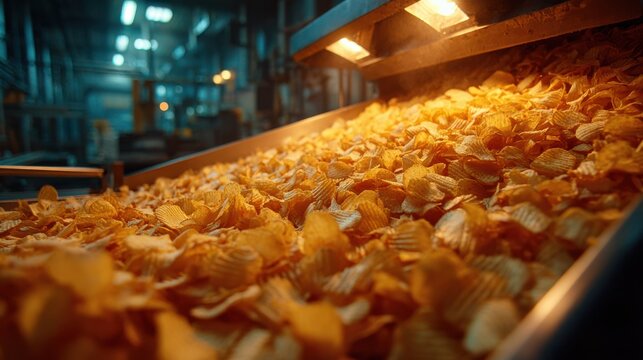 A close-up view of potato chips being processed on an industrial conveyor belt in a factory setting.