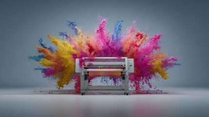 A large digital printer releases vibrant clouds of multicolored powder, symbolizing color printing and creativity in a modern, dynamic setting.