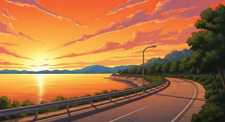 Fototapeta premium Retro Anime Lakeside Drive at Sunset: Scenic Road & Golden Sky