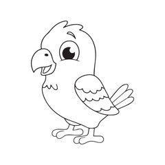Cute parrot coloring page for kids. Adorable cartoon tropical bird line art illustration. Black and white outline for children's activity book.