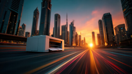 A futuristic printer on a fast-moving urban highway with a glowing sunset cityscape of skyscrapers in the background.