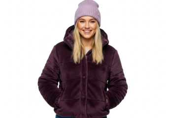A happy young woman in a stylish purple velvet puffer jacket and knit beanie isolated on transparent background